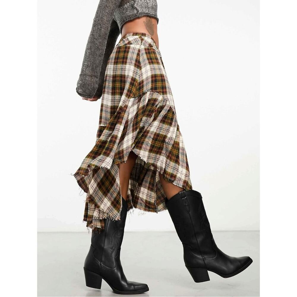 Free People Grunge 90s Asymmetrical Distressed Plaid Marcelline Maxi Skirt Small - Picture 8 of 16